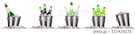 Champagne and beer bottle in a bucket with ice isolated on the white 115420278