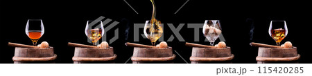 Cognac and Cigar on black with vintage barrel 115420285