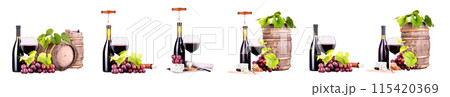 Wine bottles and glasses, an assortment of grapes and cheese isolated on white 115420369
