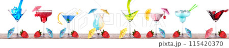 Different alcohol cocktails like beer, martini, soda, champagne, whiskey 115420370