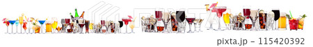 Different alcohol cocktails like beer, martini, soda, champagne, whiskey 115420392