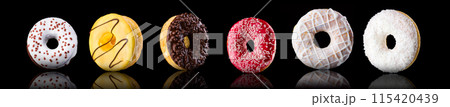 Set of chocolate donut isolated on a black background with reflection 115420439