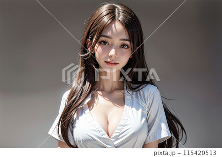 AI生成｜白装束を着て真っすぐ見つめる若くて可愛い女性イメージ｜海女さんイメージ｜宗教イメージ 115420513