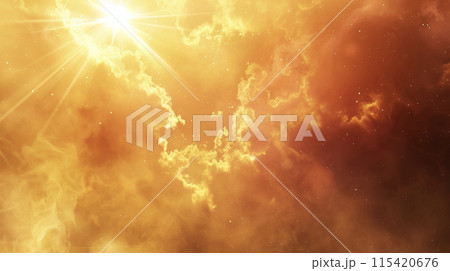 オレンジ色の空と雲と太陽の背景イメージ素材　AI画像 115420676