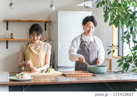 キッチンで料理をする男女・夫婦・カップル・恋人(新婚・同棲) キッチンで料理をする男女・夫婦・カップル・恋人(新婚・同棲) 115420687