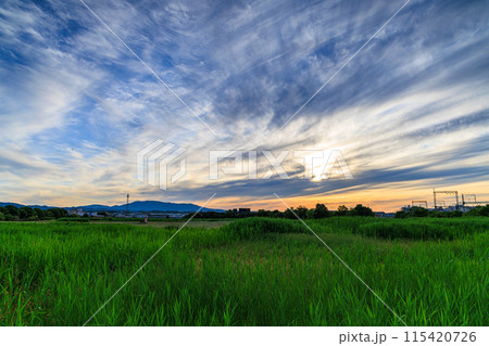 奈良平城京跡朱雀門ひろばの夕景　ヨシ原の向こう生駒山上空に広がった夕焼け空と近鉄奈良線① 115420726