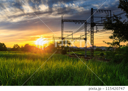 奈良平城京跡朱雀門ひろばの夕景　夕焼け空のもと夕日に照らされたレールと西大寺の街② 115420747