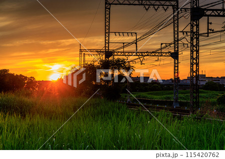 奈良平城京跡朱雀門ひろばの夕景 空とレールを黄金色に染めながら西大寺駅方向へ沈んで行く夕日① 奈良平城京跡朱雀門ひろばの夕景 空とレールを黄金色に染めながら西大寺駅方向へ沈んで行く夕日① 115420762