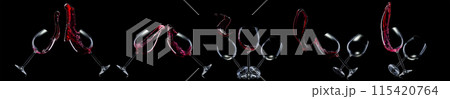 Set of empty glasses for red wine with splashes isolated on black background Set of empty glasses for red wine with splashes isolated on black background 115420764