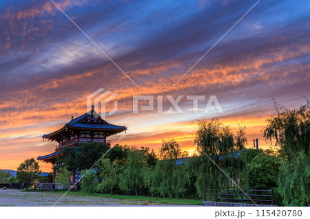 奈良平城京跡朱雀門ひろばの夕景 大空に広がった茜雲と朱雀門② 奈良平城京跡朱雀門ひろばの夕景 大空に広がった茜雲と朱雀門② 115420780