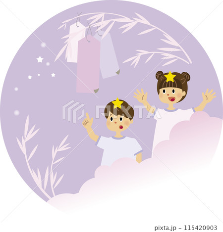 七夕飾りと星の子供たちのかわいいイラスト素材 115420903