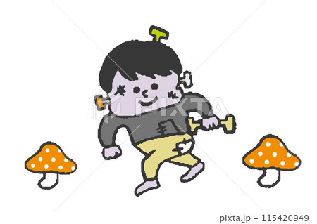 ゆるかわなフランケンシュタインが歩く手描きイラスト、怖くないハロウィンイラスト ゆるかわなフランケンシュタインが歩く手描きイラスト、怖くないハロウィンイラスト 115420949