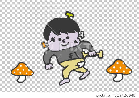 A cute and relaxed Frankenstein walking hand-drawn illustration, a non-scary Halloween illustration 115420949