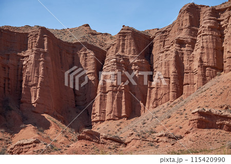 Konorchek canyon, sheer cliffs subject to erosion, travel destination, famous landmark Kyrgyzstan, Central Asia 115420990