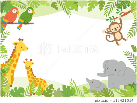 自然と動物たちのフレーム（キリン・ゾウ・サル・オウム） 115421014