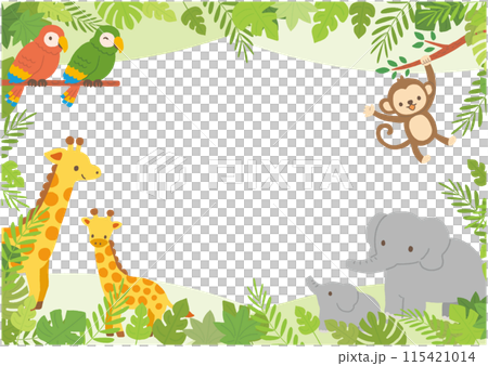 自然と動物たちのフレーム（キリン・ゾウ・サル・オウム） 115421014