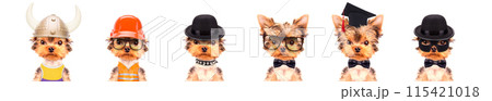 Cute pet in different costumes like teacher, skier, gentlemen, worker and Santa Cute pet in different costumes like teacher, skier, gentlemen, worker and Santa 115421018