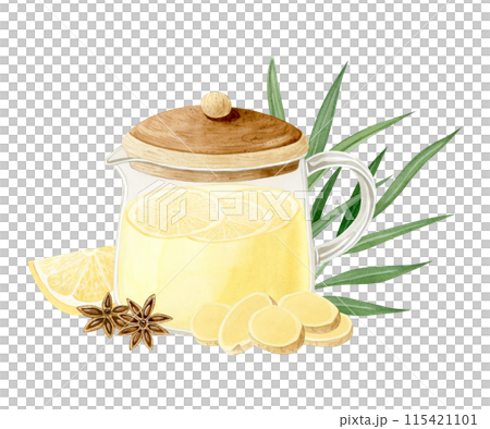 Brewed ginger tea with lemons and star anise spice in glass teapot watercolor illustration isolated on white background. Hand drawn organic herbal hot beverage for traditional medicine Brewed ginger tea with lemons and star anise spice in glass teapot watercolor illustration isolated on white background. Hand drawn organic herbal hot beverage for traditional medicine 115421101