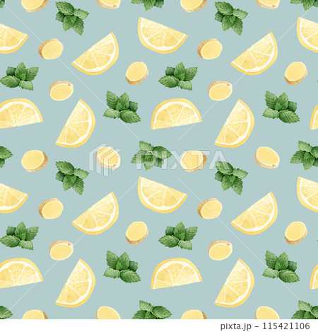Organic lemonade mix with lemon, ginger slices and peppermint leaves watercolor seamless pattern on pastel blue. Hand drawn background with healthy herbs for summer beverage or herbal tea 115421106