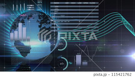Image of graphs data and information moving on screen over grid and globe spinning 115421762