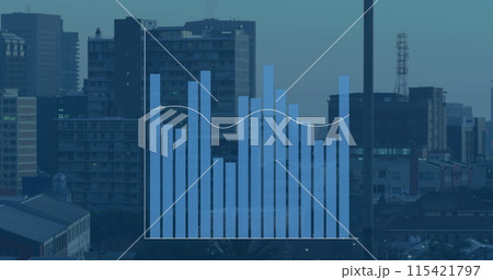 Image of diverse graphs over blue cityscape 115421797