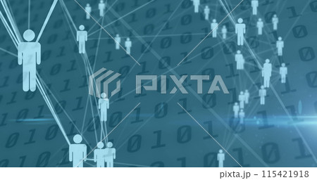 Image of network of connections with people icons over binary coding 115421918