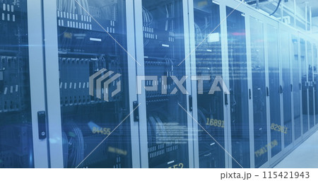 Image of numbers changing and data processing over computer servers in tech room 115421943