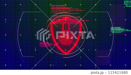 Digital biometric fingerprint security scan on a blue background. 115421980