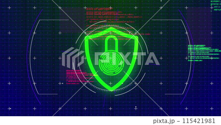 Digital biometric fingerprint scan for secure global communication on blue. 115421981