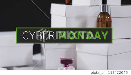 Image of cyber monday text over boxes and beauty products 115422046