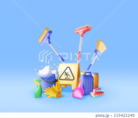 3D set of home cleaning tools isolated 115422249