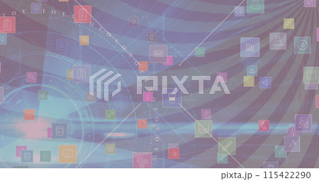 Image of digital icons and scopes scanning over spinning stripes in background 115422290