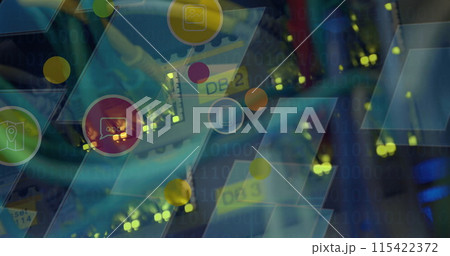 Image of digital icons over blue screens and computer cables in background Image of digital icons over blue screens and computer cables in background 115422372