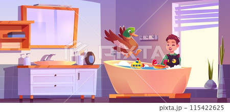 Kid boy in bathroom bathe cat and duck Kid boy in bathroom bathe cat and duck 115422625