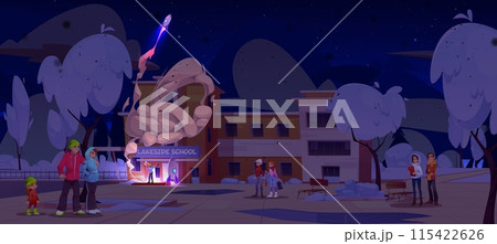 People on school yard look at man launching rocket 115422626
