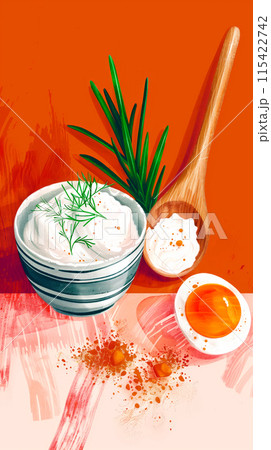 Modern illustrated dessert in a glass with a spoon and egg, featuring botanical elements. 115422742