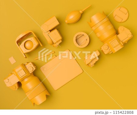 Top view of designer workspace and photography gear on monochrome table 115422808