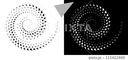 Spiral dotted background with triangles. Design element or icon. Black shape on a white background and the same white shape on the black side. 115422809