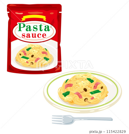 パウチ入りのレトルトパスタソースと皿に盛られたパスタ 115422829