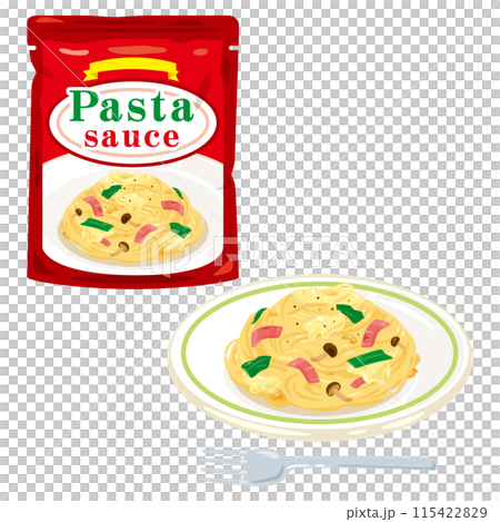 パウチ入りのレトルトパスタソースと皿に盛られたパスタ 115422829