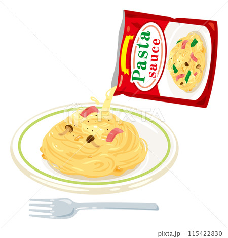 レトルトパウチのパスタソースをかけられたパスタ レトルトパウチのパスタソースをかけられたパスタ 115422830