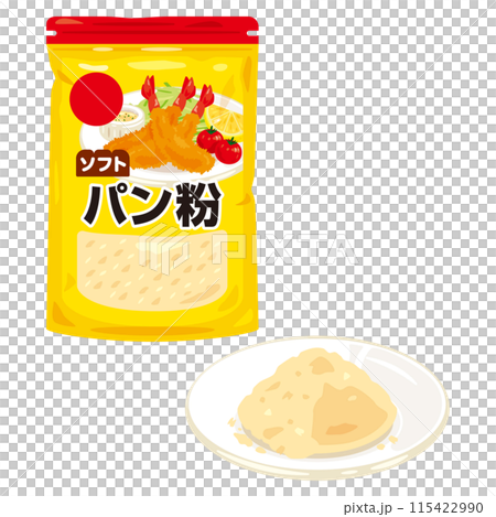 皿に盛られたパン粉と袋入りのパン粉 皿に盛られたパン粉と袋入りのパン粉 115422990