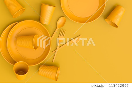 Set of disposable utensils like plate, folk, spoon,knife, cup and pepper mill Set of disposable utensils like plate, folk, spoon,knife, cup and pepper mill 115422995