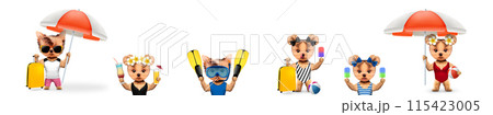 Funny cute dogs in swimming suit and sunglasses holding umbrella and beach ball Funny cute dogs in swimming suit and sunglasses holding umbrella and beach ball 115423005