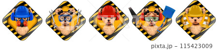 Funny dog with construction tools and sign isolated on white Funny dog with construction tools and sign isolated on white 115423009