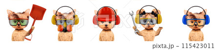 Funny dogs with carpenter tools like wrench, hammer and headphones Funny dogs with carpenter tools like wrench, hammer and headphones 115423011