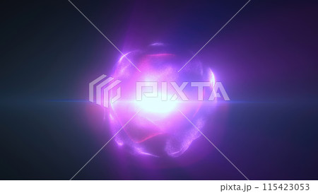 Purple energy magic sphere round high-tech digital ball core of light rays waves lines and energy particles. Abstract background Purple energy magic sphere round high-tech digital ball core of light rays waves lines and energy particles. Abstract background 115423053