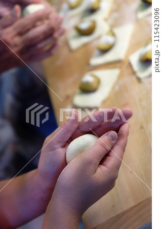 Preparation of homemade fruit dumplings with plums. Czech specialty of sweet good food. Dough on kitchen wooden table with hands. Preparation of homemade fruit dumplings with plums. Czech specialty of sweet good food. Dough on kitchen wooden table with hands. 115423096