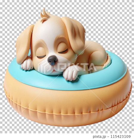 Dog sleeping on the back of a rubber ring 115423109