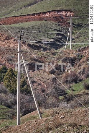 Old power line with small power flows at low household voltage levels in the countryside. carrying electricity 115423199